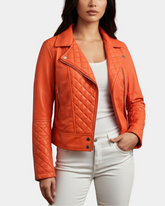 Women Leather Biker Jacket with Quilt Detail Blissful Orange